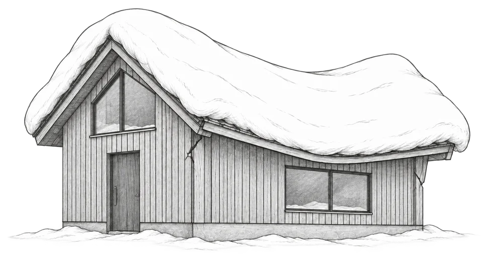 Tegning av en trehytte med et tykt lag snø på taket